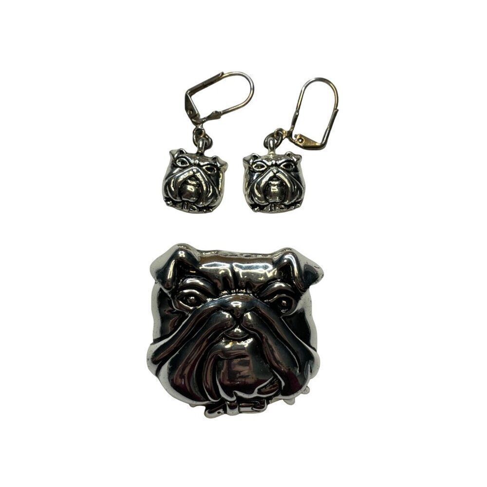 Bulldog Face Earrings and Pendant Set Silver-Tone Metal